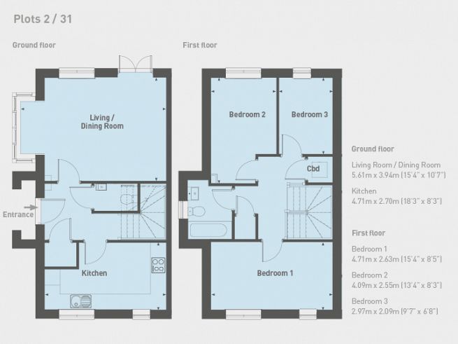 Floor plan 3 bedroom house, plots 2 & 31 - artist's impression subject to change